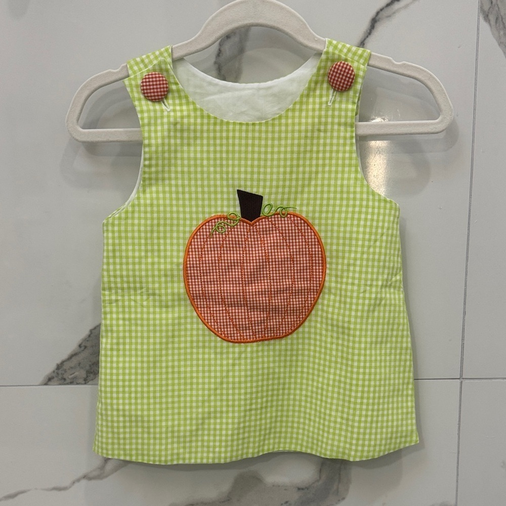 Green Gingham Toddler Dress with Orange Pumpkin Fall Patch